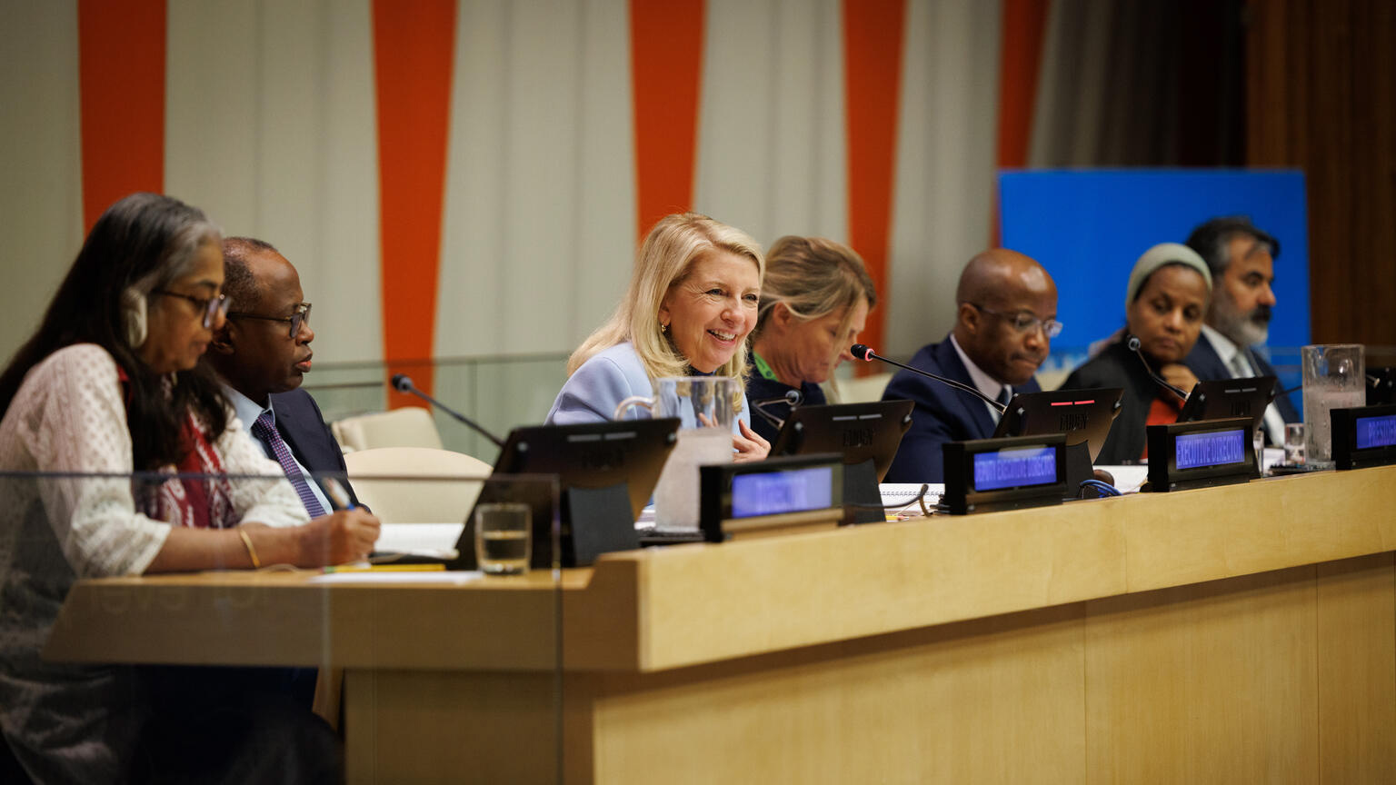 Ms. Catherine Russell (third from left at dais), Executive Director of UNICEF, makes remarks in response to delegate statements during the first plenary meeting of the UNICEF Executive Board Annual Session 2023, convened on 13 June 2023 in the Economic and Social Council (ECOSOC) Chamber at United Nations Headquarters in New York.