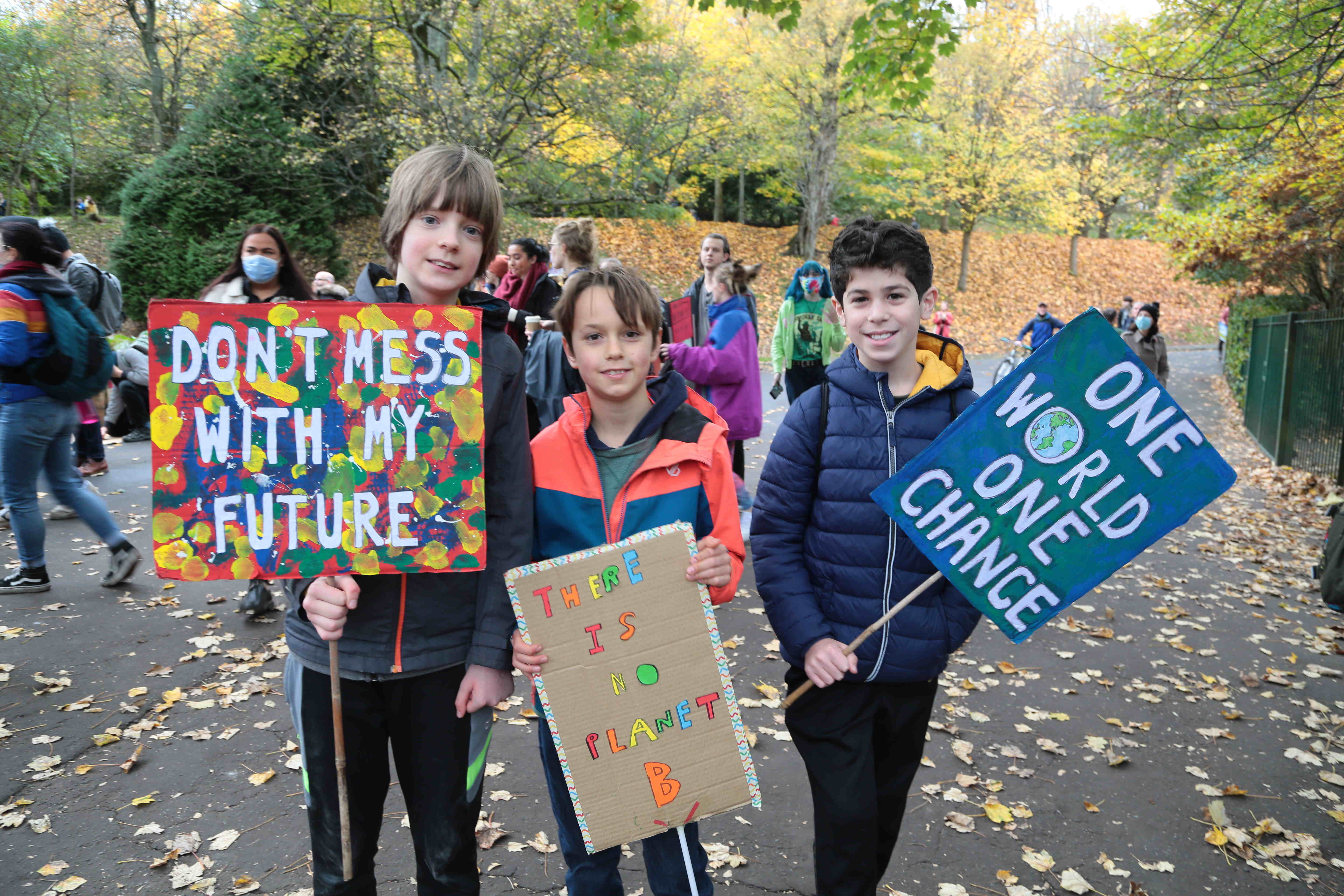 On 5 November 2021 in Glasgow, Scotland, people take part in a Fridays for Future demonstration for climate action, led by youth climate activists and organized on the sidelines of the 2021 UN Climate Change Conference (COP26).
