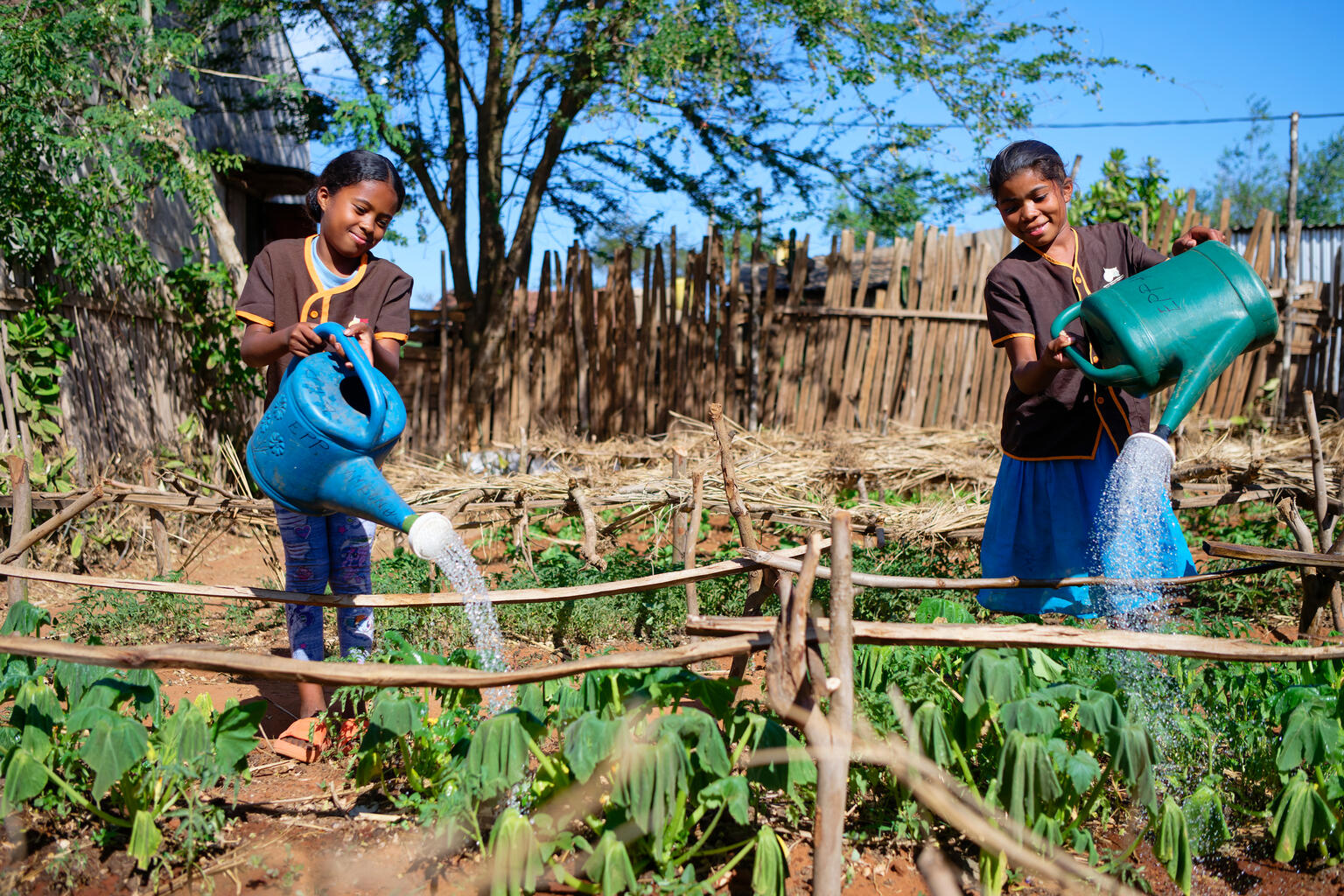 Two schoolgirls happily watering a local community garden